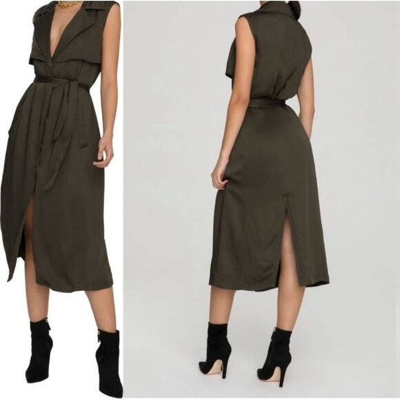NWT Good American Trench Midi Sleeveless Dress Green Khaki Size‎ Large no belt - Picture 1 of 7